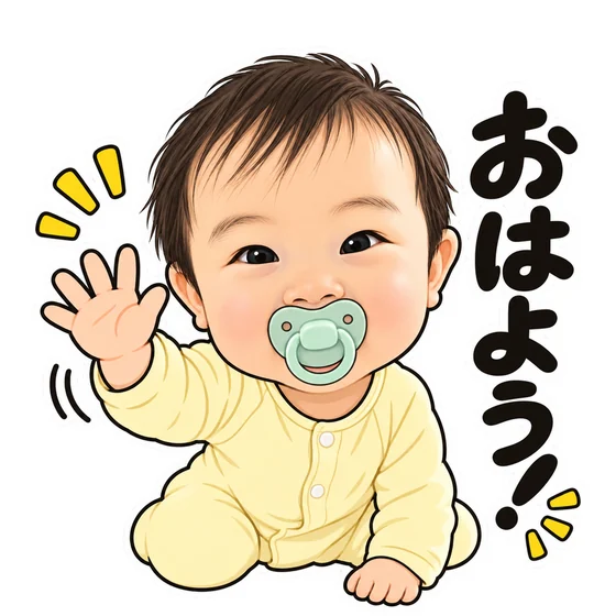赤ちゃんの写真から作った「おはよう!」のスタンプ
